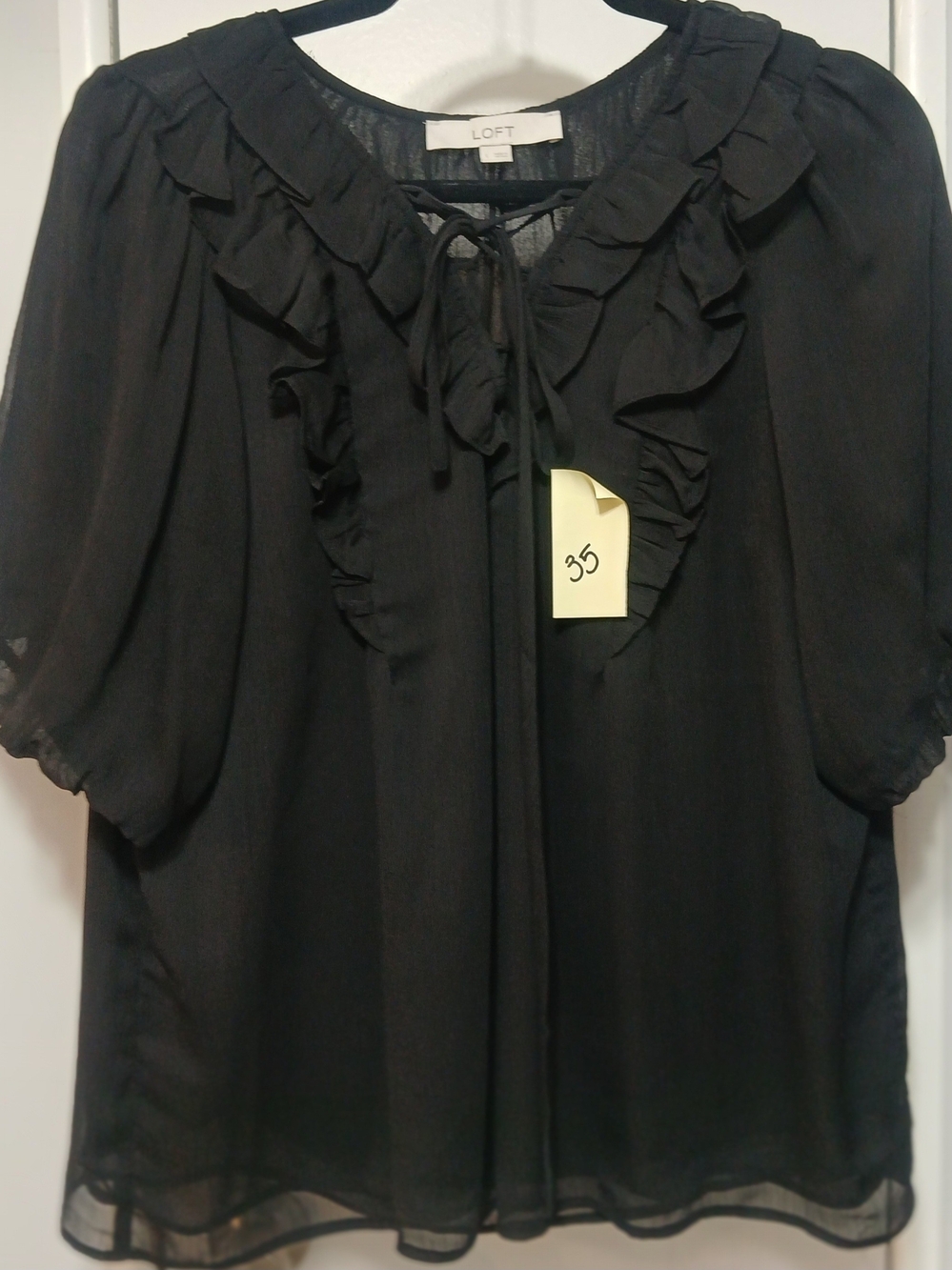 LOFT Black Ruffle Tie-Neck Blouse
